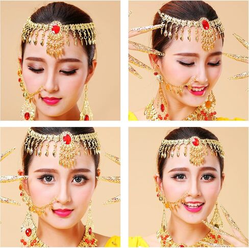 USHOBE أقراط نسائية للرقص الشرقي مجموعة مجوهرات ذهبية ترتر سلاسل رأس نسائية عملات معدنية عتيقة أقراط سلسلة أنف بوليوود مجوهرات على طراز الغجر لإكسسوارات الأداء مجوهرات نسائية in Kuwait