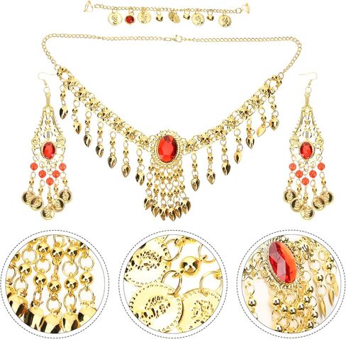 USHOBE أقراط نسائية للرقص الشرقي مجموعة مجوهرات ذهبية ترتر سلاسل رأس نسائية عملات معدنية عتيقة أقراط سلسلة أنف بوليوود مجوهرات على طراز الغجر لإكسسوارات الأداء مجوهرات نسائية in Kuwait