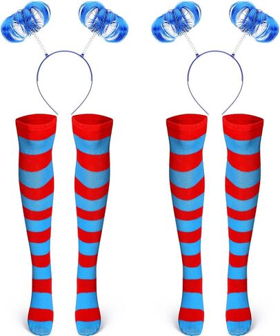 4 Pcs Blue Costume Accessories Set Blue Ponytail Headband Feather Hair Bopper Long Knee Thigh High Striped Socks Blue and Red Striped Socks for Halloween Kids Party Supplies in Saudi Arabia