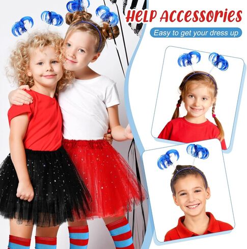 4 Pcs Blue Costume Accessories Set Blue Ponytail Headband Feather Hair Bopper Long Knee Thigh High Striped Socks Blue and Red Striped Socks for Halloween Kids Party Supplies in Saudi Arabia