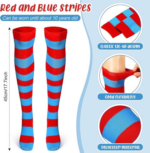 4 Pcs Blue Costume Accessories Set Blue Ponytail Headband Feather Hair Bopper Long Knee Thigh High Striped Socks Blue and Red Striped Socks for Halloween Kids Party Supplies in Saudi Arabia