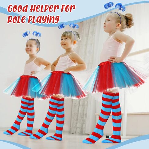 4 Pcs Blue Costume Accessories Set Blue Ponytail Headband Feather Hair Bopper Long Knee Thigh High Striped Socks Blue and Red Striped Socks for Halloween Kids Party Supplies in Saudi Arabia