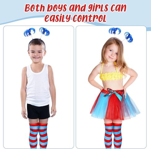 4 Pcs Blue Costume Accessories Set Blue Ponytail Headband Feather Hair Bopper Long Knee Thigh High Striped Socks Blue and Red Striped Socks for Halloween Kids Party Supplies in Saudi Arabia