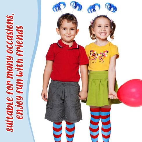 4 Pcs Blue Costume Accessories Set Blue Ponytail Headband Feather Hair Bopper Long Knee Thigh High Striped Socks Blue and Red Striped Socks for Halloween Kids Party Supplies in Saudi Arabia