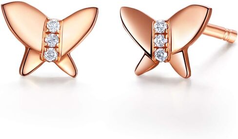 Carleen 14k Solid Rose Gold Real Genuine 0.06cttw Diamond Small Cute Butterfly Stud Earrings For Women Girls in Kuwait