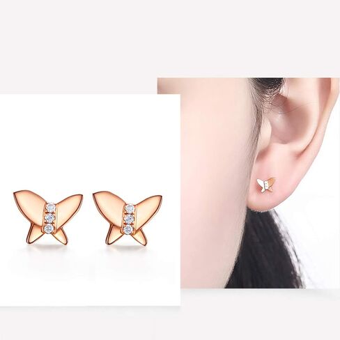 Carleen 14k Solid Rose Gold Real Genuine 0.06cttw Diamond Small Cute Butterfly Stud Earrings For Women Girls in Kuwait