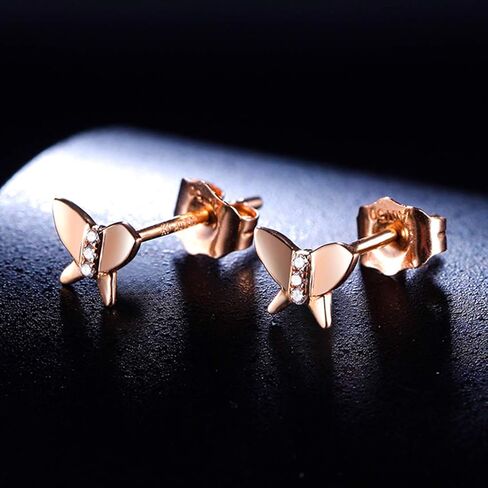 Carleen 14k Solid Rose Gold Real Genuine 0.06cttw Diamond Small Cute Butterfly Stud Earrings For Women Girls in Kuwait