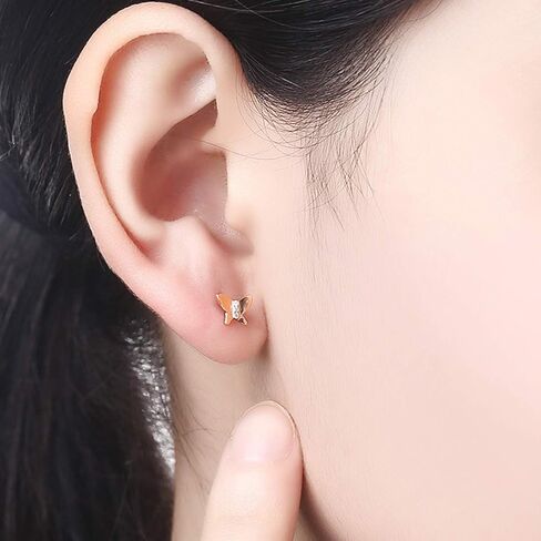 Carleen 14k Solid Rose Gold Real Genuine 0.06cttw Diamond Small Cute Butterfly Stud Earrings For Women Girls in Kuwait