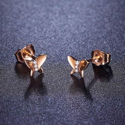 Carleen 14k Solid Rose Gold Real Genuine 0.06cttw Diamond Small Cute Butterfly Stud Earrings For Women Girls in Kuwait