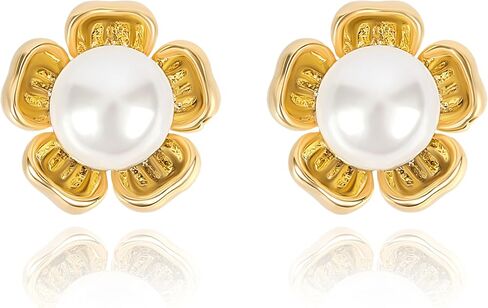 Gold Pearl Flower Stud Earrings for Women Gold Plated Five Petal Flower Earrings Simple 14K Gold Floral Statement Earrings Elegant Blossom Earrings Spring Summer Vacation Party Jewelry Gift for Girls in Saudi Arabia