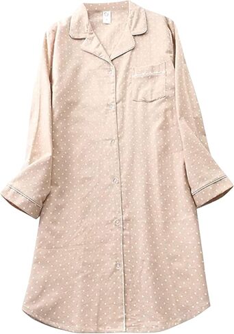 ASHER FASHION Women's Cotton Nightshirt Cute Print Plaid Nightgown Button Up Long Sleeves Sleep Shirt in Saudi Arabia
