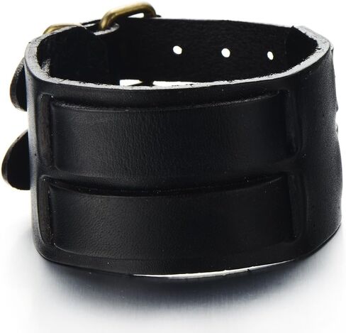 COOLSTEELANDBEYOND Wide Mens Leather Bracelet Genuine Black Leather Bangle with Two Buckle Clasps in Saudi Arabia