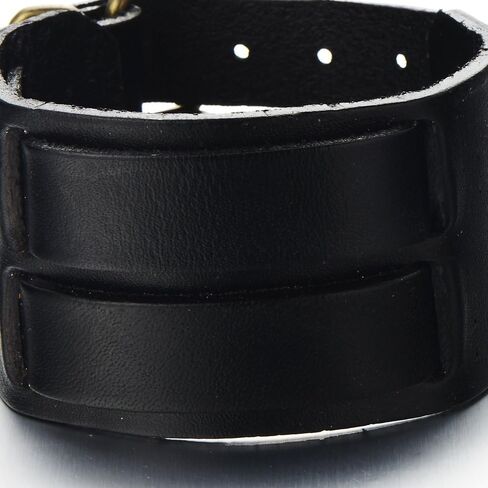 COOLSTEELANDBEYOND Wide Mens Leather Bracelet Genuine Black Leather Bangle with Two Buckle Clasps in Saudi Arabia