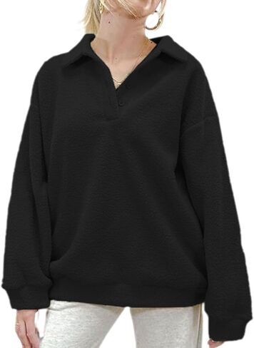 Fuzzy Fleece Oversized Sweatshirt for Women Fluffy Sherpa Long Sleeve Drop Shoulder Polo Button Down Pullover in Kuwait