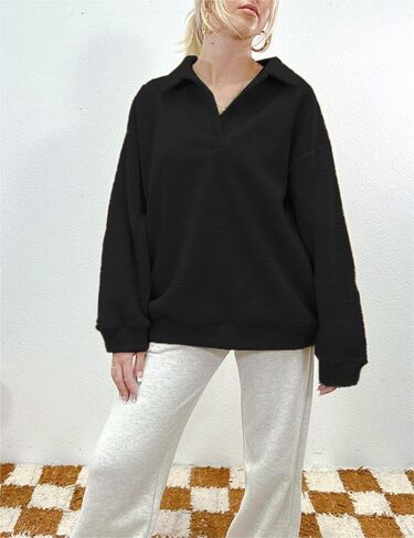 Fuzzy Fleece Oversized Sweatshirt for Women Fluffy Sherpa Long Sleeve Drop Shoulder Polo Button Down Pullover in Kuwait