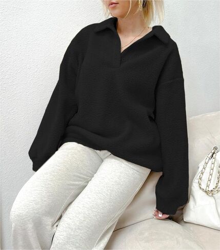 Fuzzy Fleece Oversized Sweatshirt for Women Fluffy Sherpa Long Sleeve Drop Shoulder Polo Button Down Pullover in Kuwait