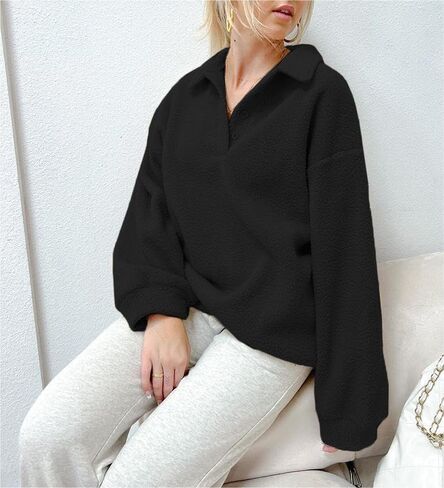 Fuzzy Fleece Oversized Sweatshirt for Women Fluffy Sherpa Long Sleeve Drop Shoulder Polo Button Down Pullover in Kuwait