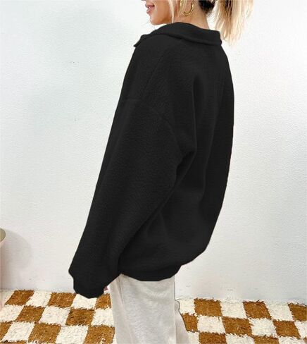Fuzzy Fleece Oversized Sweatshirt for Women Fluffy Sherpa Long Sleeve Drop Shoulder Polo Button Down Pullover in Kuwait