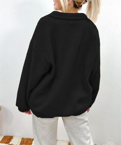 Fuzzy Fleece Oversized Sweatshirt for Women Fluffy Sherpa Long Sleeve Drop Shoulder Polo Button Down Pullover in Kuwait