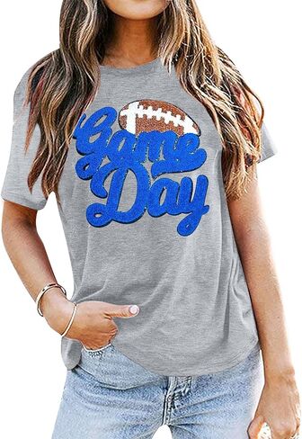 قميص للسيدات من Game Day، قمصان جرافيك برقعة لامعة لكرة القدم Sunday Funday، تي شيرت عتيق لموسم كرة القدم بأكمام قصيرة in Kuwait