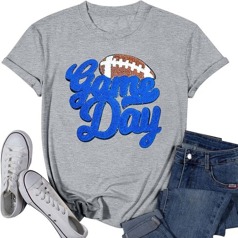 قميص للسيدات من Game Day، قمصان جرافيك برقعة لامعة لكرة القدم Sunday Funday، تي شيرت عتيق لموسم كرة القدم بأكمام قصيرة in Kuwait