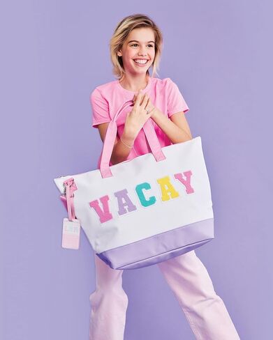 iscream 23.5" x 16" Weekender Travel Tote Bag with Faux Leather Exterior, Chenille VACAY Applique and Luggage Tag in Saudi Arabia