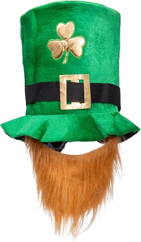 Liatunou St.Patrick's Day Shamrock Green Velvet Top Hat with Beard,Green Leprechaun Hat Irish Top Hat and Brown Beards for Men Women, St.Patricks Day Party Favors Costume Accessories in Kuwait