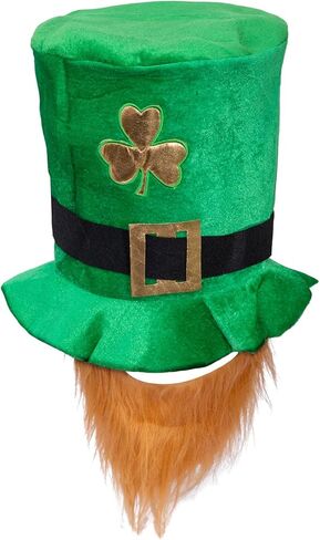 Liatunou St.Patrick's Day Shamrock Green Velvet Top Hat with Beard,Green Leprechaun Hat Irish Top Hat and Brown Beards for Men Women, St.Patricks Day Party Favors Costume Accessories in Kuwait