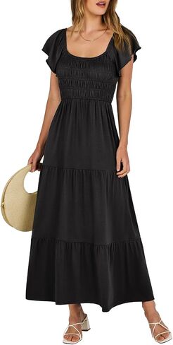 ANRABESS Women’s Casual Summer Maxi Dress Flutter Short Sleeve Scoop Neck Smocked A Line Flowy Beach Vacation Long Dresses in Saudi Arabia