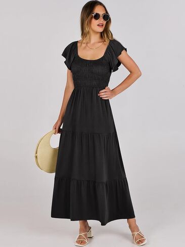 ANRABESS Women’s Casual Summer Maxi Dress Flutter Short Sleeve Scoop Neck Smocked A Line Flowy Beach Vacation Long Dresses in Saudi Arabia
