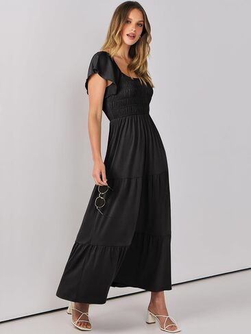 ANRABESS Women’s Casual Summer Maxi Dress Flutter Short Sleeve Scoop Neck Smocked A Line Flowy Beach Vacation Long Dresses in Saudi Arabia