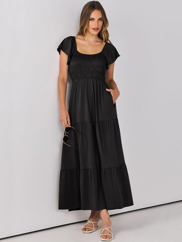 ANRABESS Women’s Casual Summer Maxi Dress Flutter Short Sleeve Scoop Neck Smocked A Line Flowy Beach Vacation Long Dresses in Saudi Arabia
