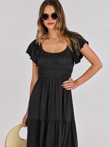 ANRABESS Women’s Casual Summer Maxi Dress Flutter Short Sleeve Scoop Neck Smocked A Line Flowy Beach Vacation Long Dresses in Saudi Arabia