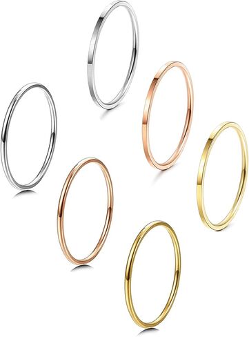 LOYALLOOK 1mm Stainless Steel Women's Plain Band Stacking Midi Rings Comfort Fit Wedding Band Ring 6pcs 5# in Saudi Arabia