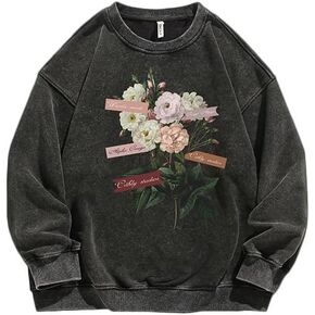 GMOYD Mens Washed Sweatshirt Round Neck Pullover Vintage Printed Top