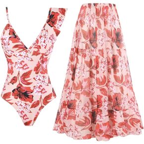 IDOPIP Women's One Piece Swimsuit with Beach Cover up Wrap Skirt Sarong Retro Floral Print Bikini Set Two Piece Bathing Suits