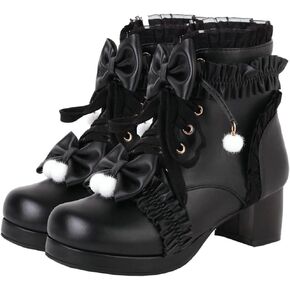 Meefit Women Platform Boots Lace Up Chunky Heel Ankle Boots with Bow | Kawaii Shoes,Lolita Boots,Cosplay Winter Shoes,Mid Heels Ankle Boots,Lace Up Ankle Boots,Fashion Casual Shoes in Kuwait