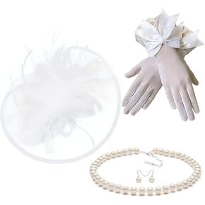 جيونفورتسي قبعة فاسيناتور شبكية من الريش، قبعة ديربي لحفلات الشاي مع قفازات من الدانتيل، قلادة لؤلؤ لحفلات الزفاف in Kuwait