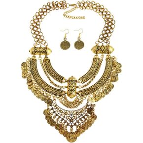 Thkmeet Fashion Bib Bohemian Statement Coin Necklace and Earrings Punk Ethnic Style Jewelry Set for Women in Kuwait