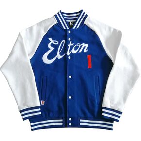 جاكيت Elton John للرجال، أزرق ملكي وأبيض - جولة وداع - سترة بيسبول ليترمان بومبر in Kuwait