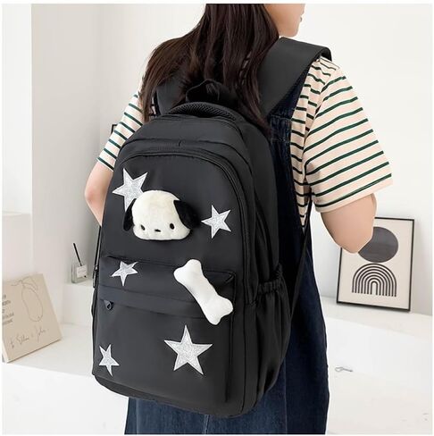 JHTPSLR Preppy Backpack with Plushies Y2K Aesthetic Backpack Sparkling Silver Stars Backpack Book Bags Cute Aesthetic Backpack (Black) in Saudi Arabia