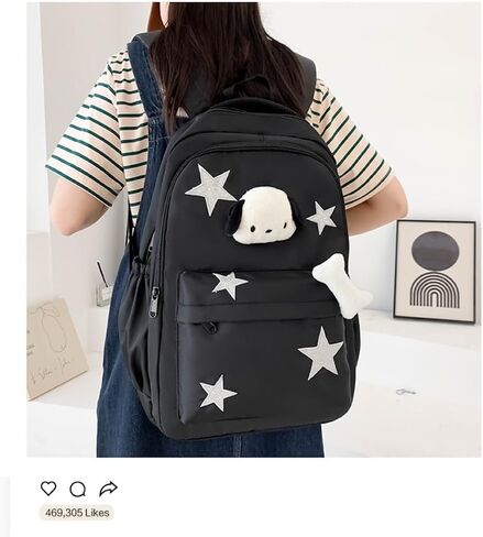 JHTPSLR Preppy Backpack with Plushies Y2K Aesthetic Backpack Sparkling Silver Stars Backpack Book Bags Cute Aesthetic Backpack (Black) in Saudi Arabia