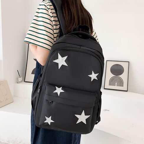 JHTPSLR Preppy Backpack with Plushies Y2K Aesthetic Backpack Sparkling Silver Stars Backpack Book Bags Cute Aesthetic Backpack (Black) in Saudi Arabia