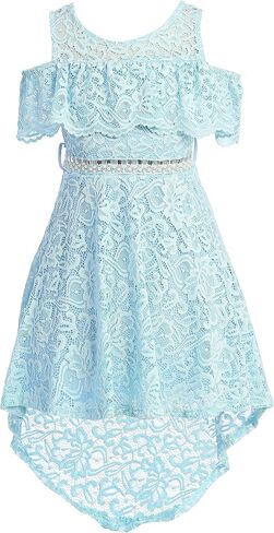 Girls Off Shoulder Hi-Lo Floral Lace Rhinestone Flower Girl Swing Summer Dress USA 4-16 in Saudi Arabia