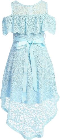 Girls Off Shoulder Hi-Lo Floral Lace Rhinestone Flower Girl Swing Summer Dress USA 4-16 in Saudi Arabia