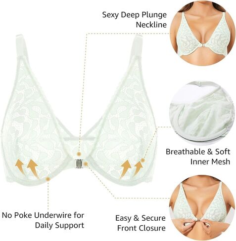 DOBREVA Women's Front Closure Lace Bra Unlined Racerback Underwire Plunge Bralette in Saudi Arabia