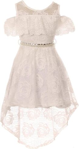 Girls Off Shoulder Hi-Lo Floral Lace Rhinestone Flower Girl Swing Summer Dress USA 4-16 in Saudi Arabia