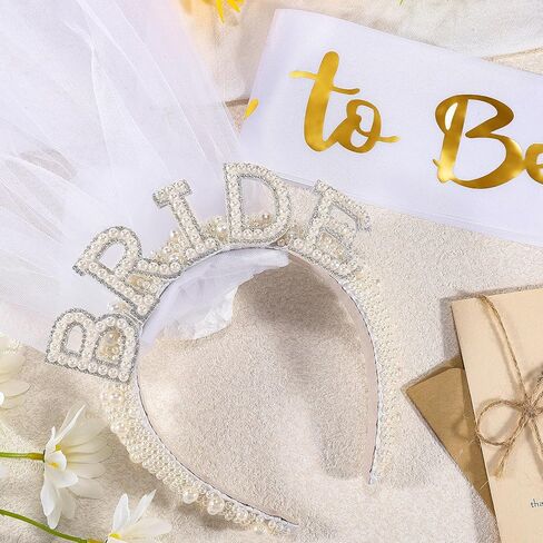 زي كي بي توبس شريط راس للعروس مكون من قطعتين لحفلات توديع العزوبية وهدايا حفلات توديع العزوبية، مجموعة اكسسوارات للنساء من اللؤلؤ ووشاح العروس تو بي in Kuwait