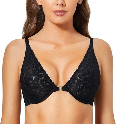DOBREVA Women's Front Closure Lace Bra Unlined Racerback Underwire Plunge Bralette in Saudi Arabia