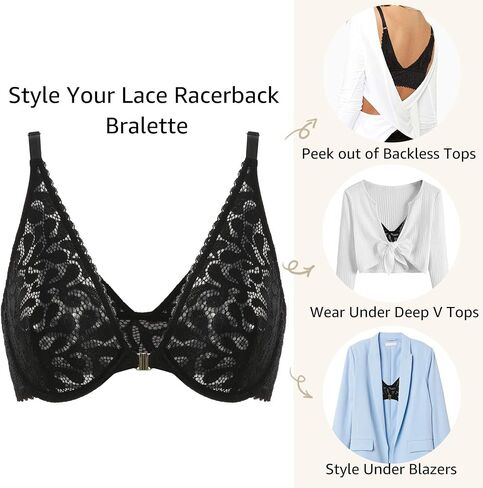 DOBREVA Women's Front Closure Lace Bra Unlined Racerback Underwire Plunge Bralette in Saudi Arabia